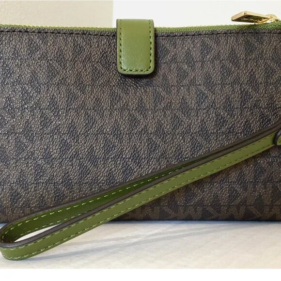 New Michael Kors Jet Set Travel Double Zip Wristlet Wallet Brown / Evergreen - Picture 2 of 6